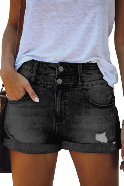 Gray Cuffed High Rise Denim Shorts - LA Grand