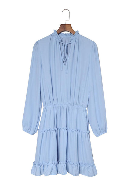 Light Blue V Neck Long Sleeve Ruffle Tiered Mini Dress - LA Grand