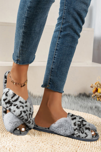 Brown Leopard Crossed Straps Furry Slippers - LA Grand