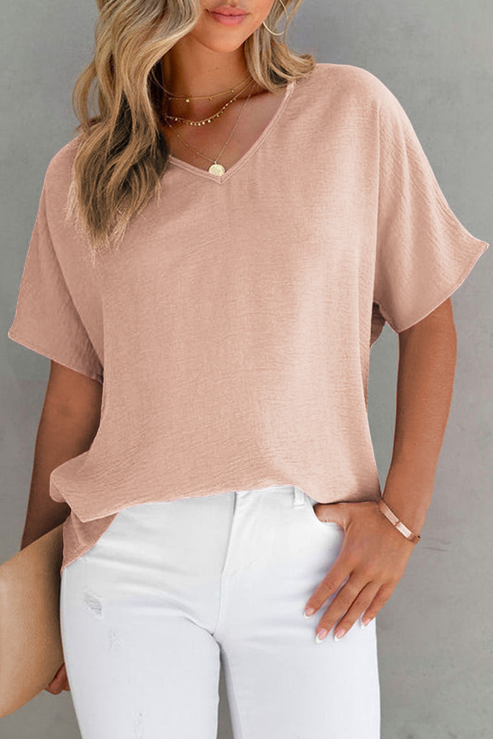 Pink Solid V Neck Short Sleeve Blouse - LA Grand