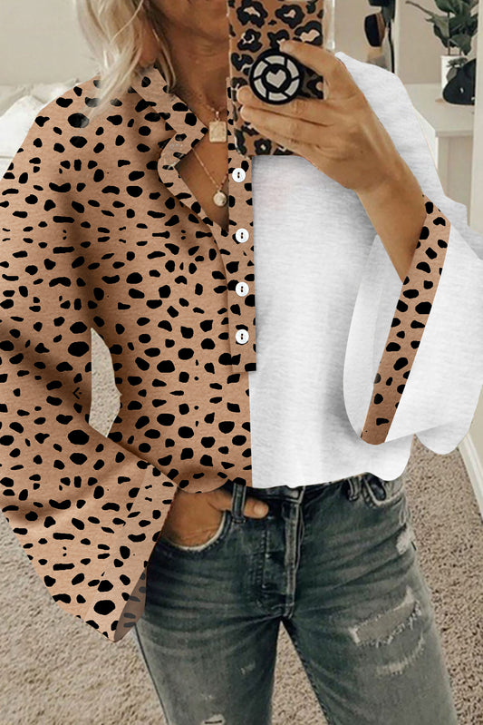 Khaki Leopard Contrast Half Button Casual Blouse - LA Grand