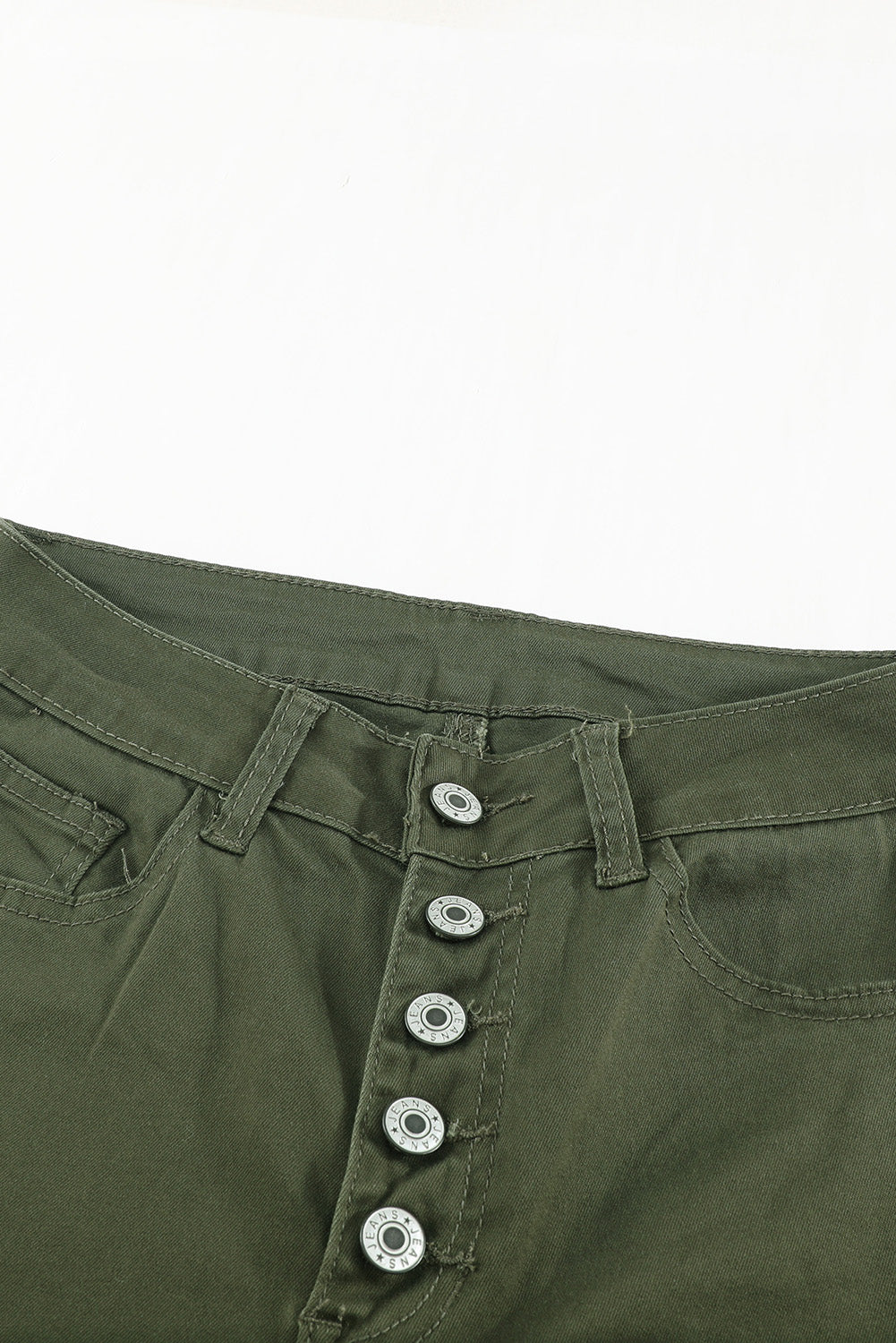 Green Plain High Waist Buttons Frayed Cropped Denim Jeans - LA Grand