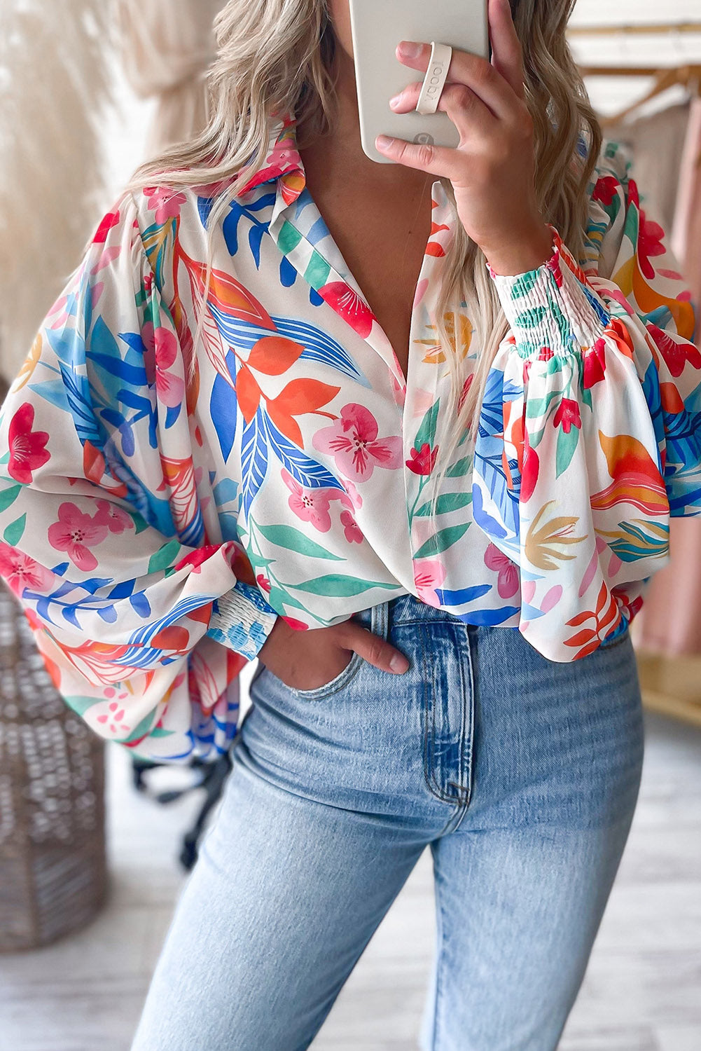 Multicolor Vibrant Floral Printed Billowy Sleeve Shirt - LA Grand