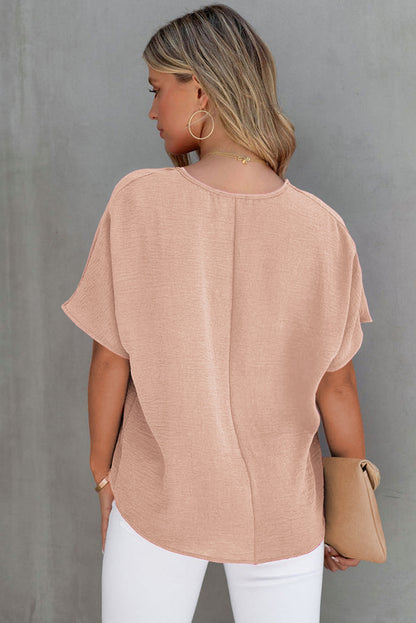 Pink Solid V Neck Short Sleeve Blouse - LA Grand