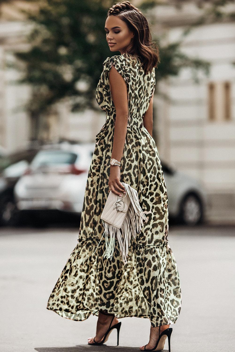 Elite Appeal: Leopard Print Drawstring V-Neck High Waist Long Dress - LA Grand