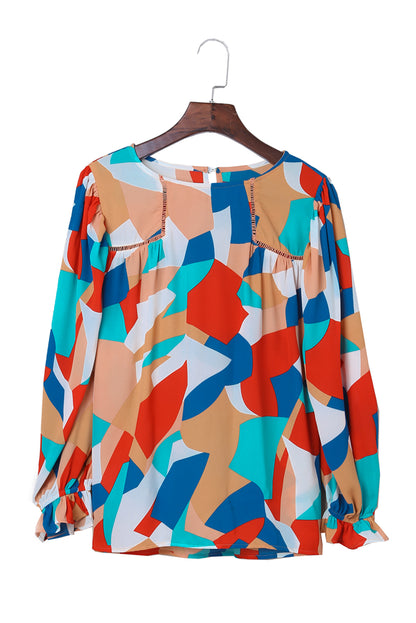 Abstract Pattern Crewneck Ruffled Puff Sleeve Blouse - LA Grand