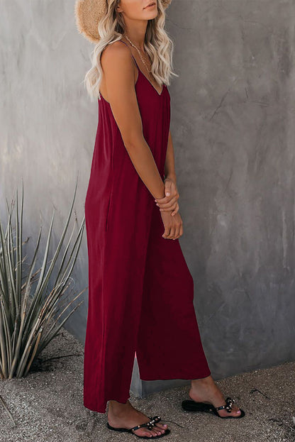 Black Spaghetti Straps Wide Leg Pocketed Jumpsuits - LA Grand