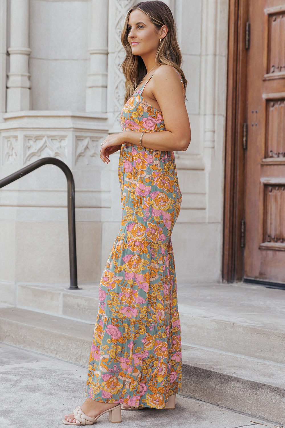 Sky Blue Adjustable Straps Floral Tiered Wide Leg Jumpsuit - LA Grand