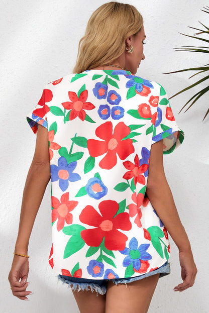 Flower Print Chest Pocket V Neck Blouse - LA Grand