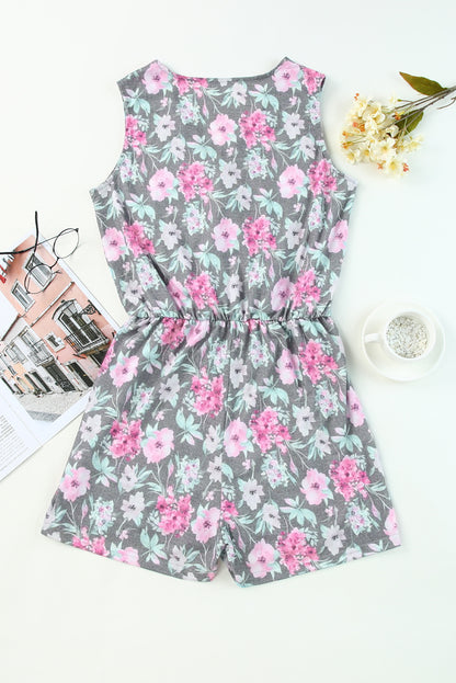 Gray Vintage Wash Floral Print Sleeveless Romper - LA Grand