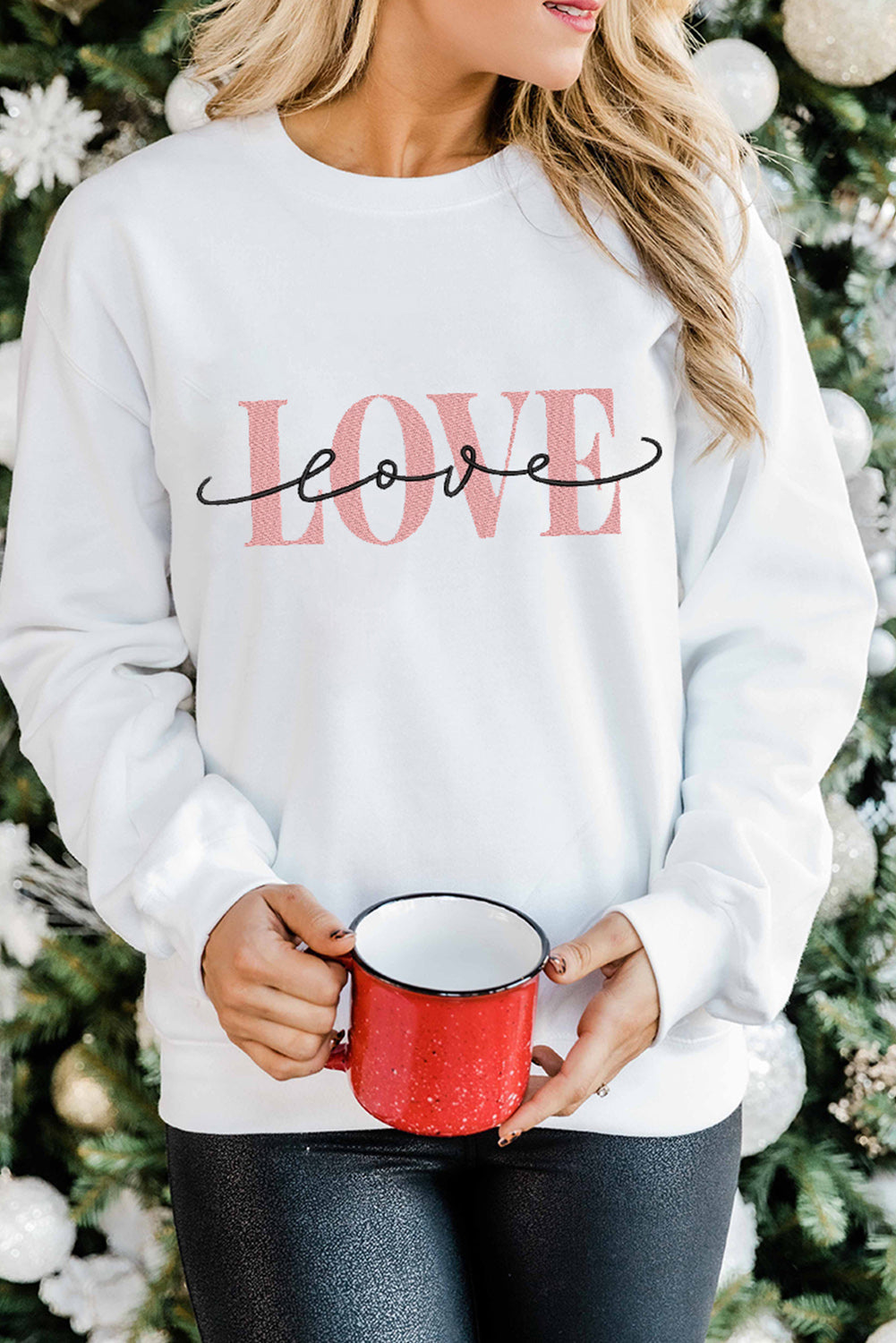 White LOVE Embroidered Crew Neck Drop Shoulder Sweatshirt - LA Grand