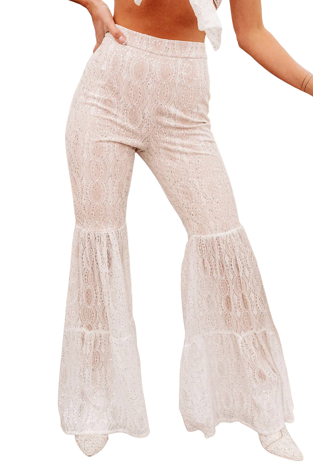 White Sequined Lace Tiered High Waist Flare Pants - LA Grand