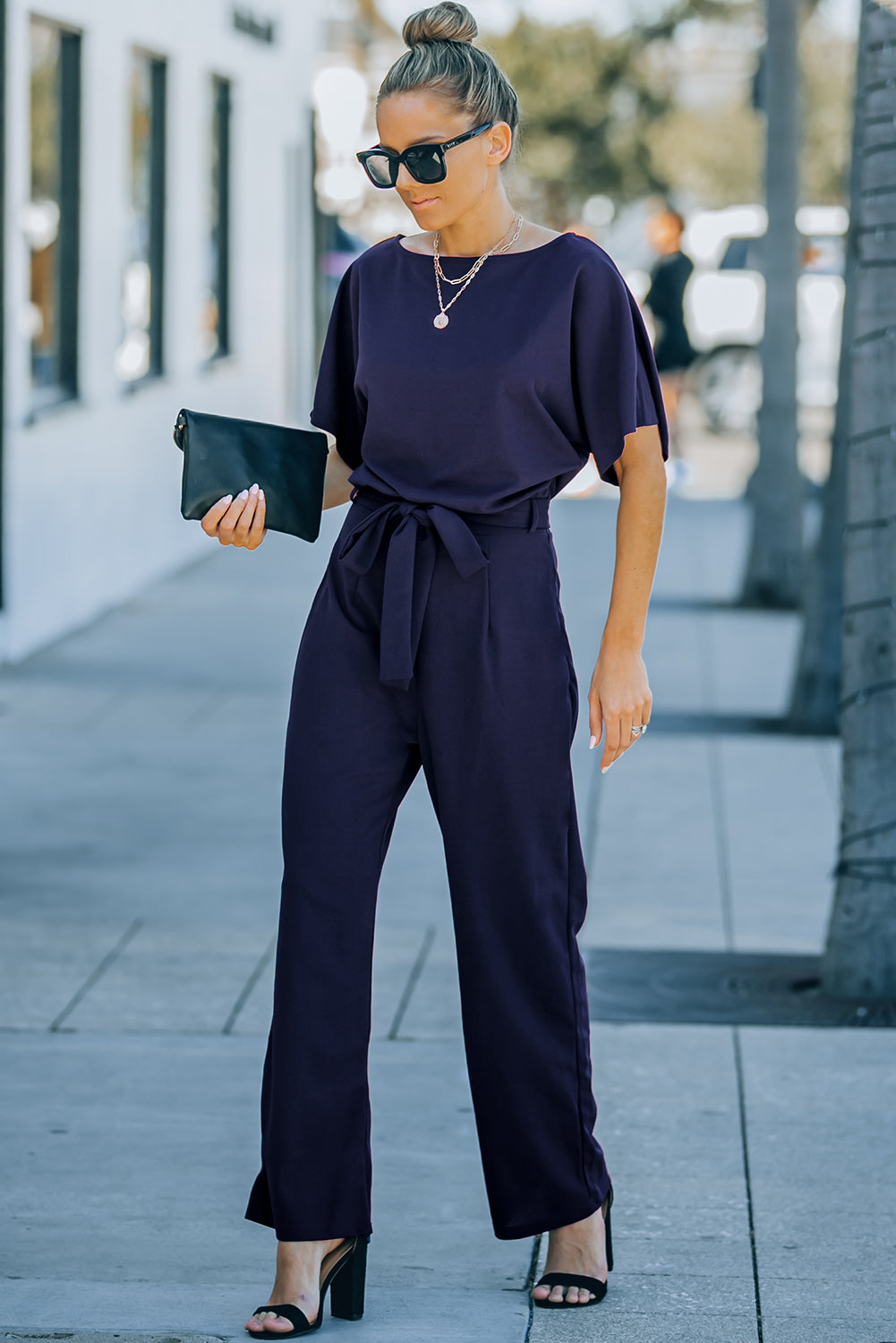 Indigo Glamour: Belted Wide Leg Jumpsuit - LA Grand