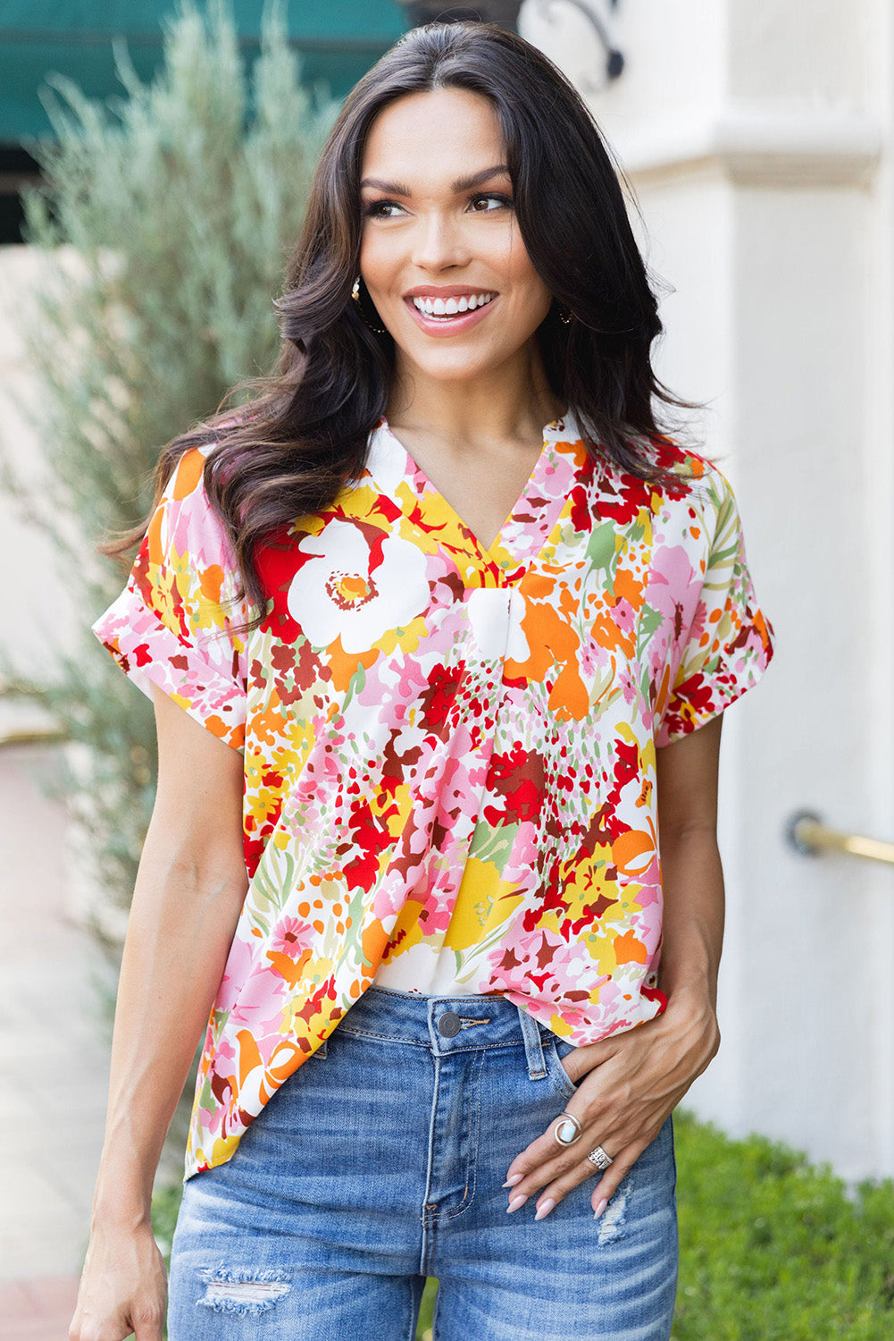 White Boho Floral Print V Neck Short Sleeves Top - LA Grand