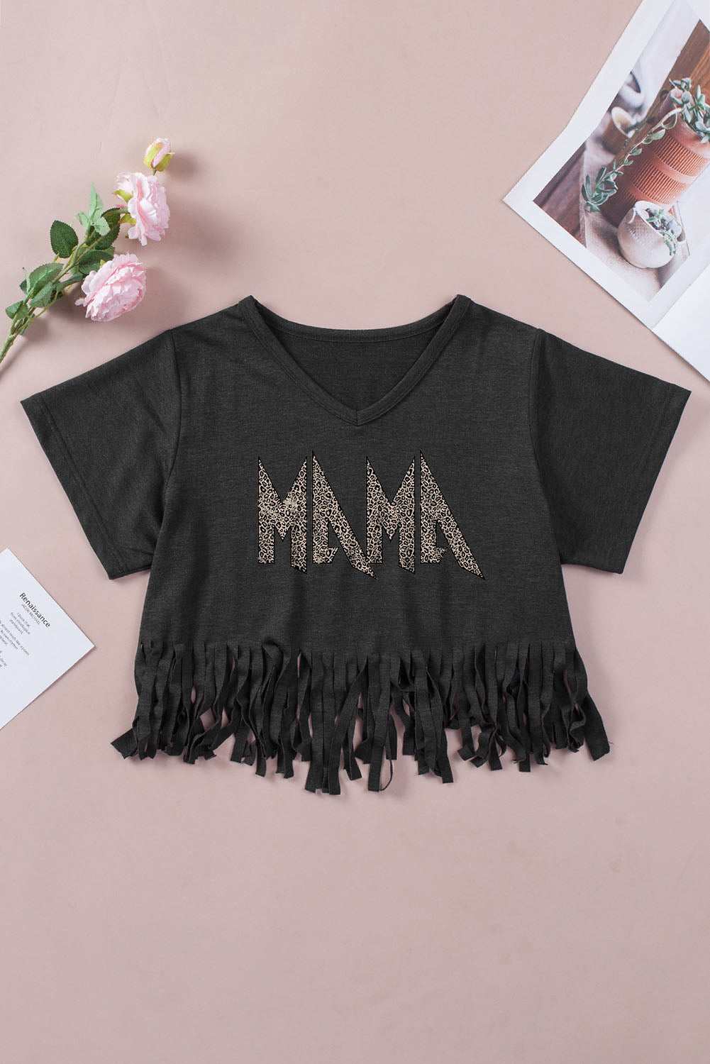 Black Leopard MAMA Fringed Hem Top - LA Grand