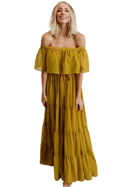 Sky Blue Yellow Yellow Off Shoulder Ruffle Swiss Dot Maxi Dress - LA Grand