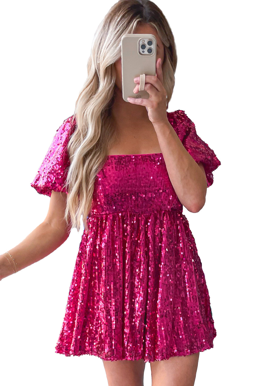 Rose Red Short Puff Sleeve Sequin Babydoll Romper - LA Grand