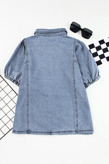 Sky Blue Short Bubble Sleeve Snap Button Denim Shirt - LA Grand