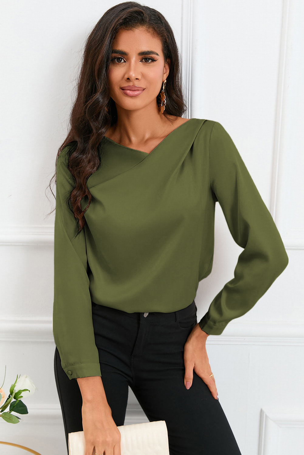 Apricot Solid Asymmetric V Neck Long Sleeve Satin Blouse - LA Grand