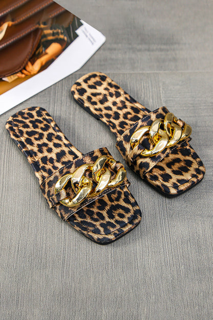 Brown Chain Decor Leopard Slide Sandals - LA Grand