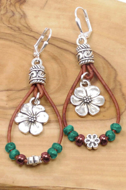 Silvery Western Leather Beaded Floral Dangle Earrings - LA Grand