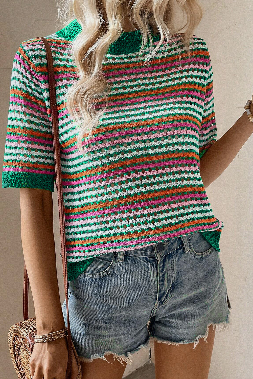 Dark Green Striped Pattern Contrast Trim Pointelle Knit T Shirt - LA Grand