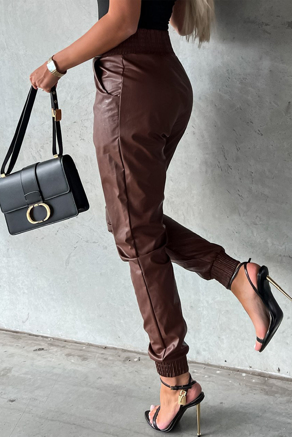 Brown Smocked High-Waist Leather Skinny Pants - LA Grand