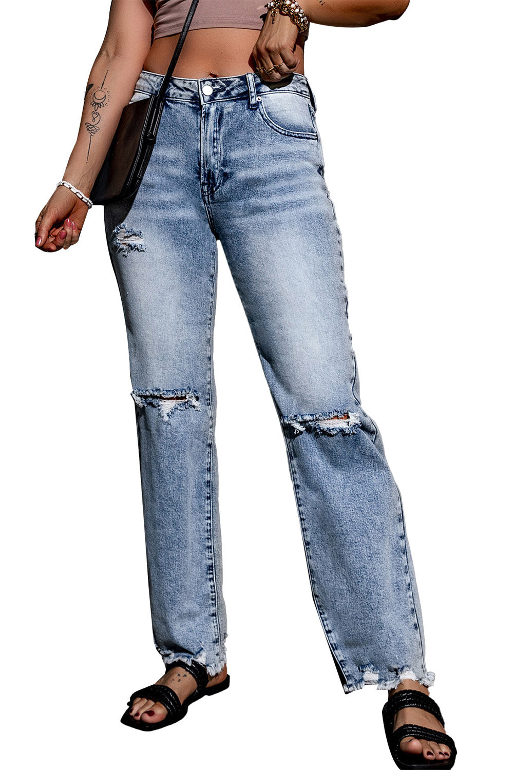 Sky Blue Washed Ripped Wide Leg High Waist Jeans - LA Grand