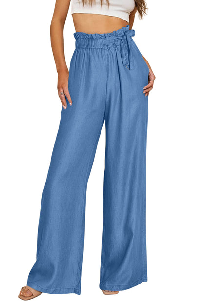 Sky Blue High Waist Pocketed Wide Leg Tencel Jeans - LA Grand