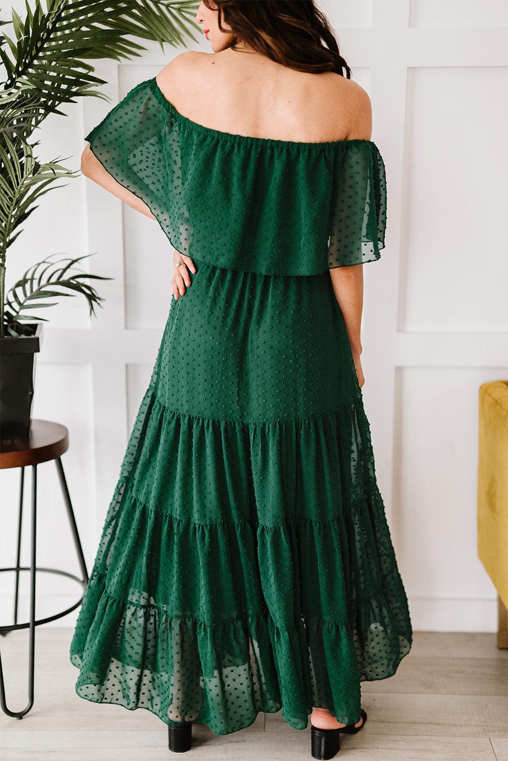 Verde Sunshine Off-Shoulder Swiss Dot Maxi Dress - LA Grand