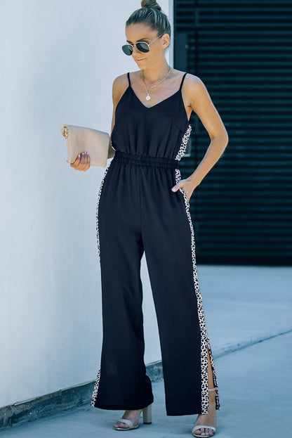 Black Leopard Patchwork Spaghetti Strap Wide Leg Jumpsuit - LA Grand