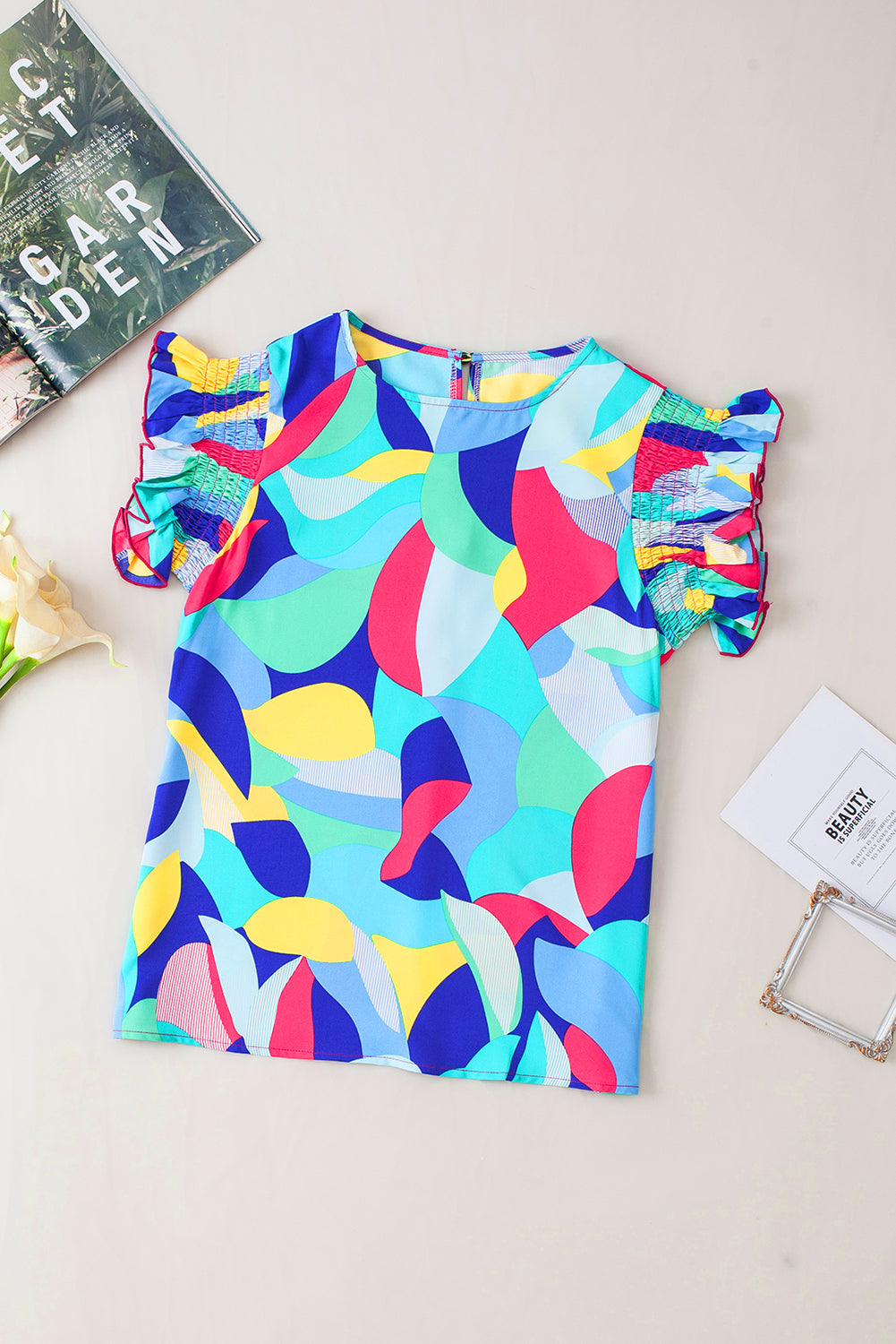 Multicolor Abstract Print Stitching Ruffle Sleeve Blouse - LA Grand