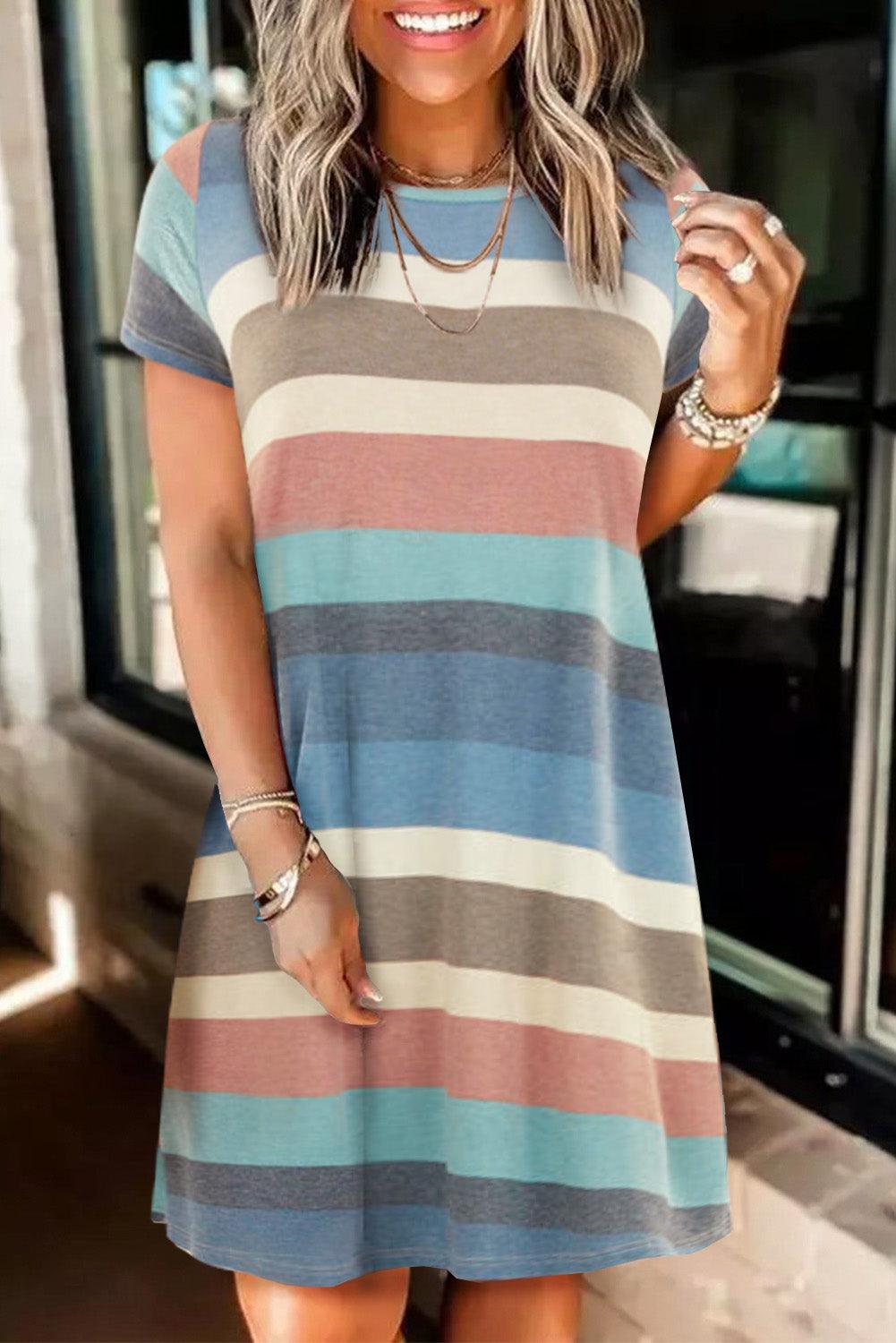 Multicolor Striped Pocket T Shirt Dress - LA Grand