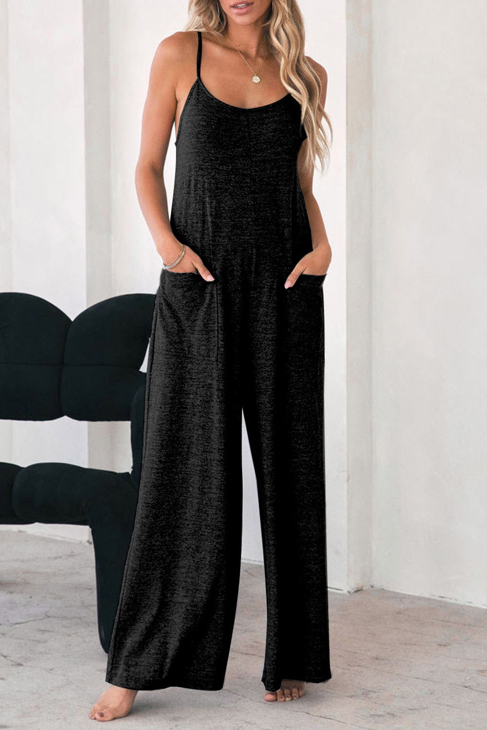 Gray Patch Pockets Spaghetti Strap Wide Leg Jumpsuit - LA Grand