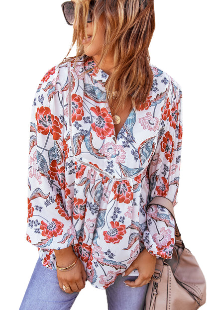 Fiery Red Split Neck Bubble Sleeve Floral Patchwork Blouse - LA Grand