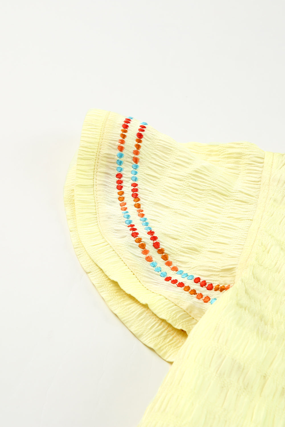 Yellow Geometric Embroidery Textured Top with Ruffles - LA Grand