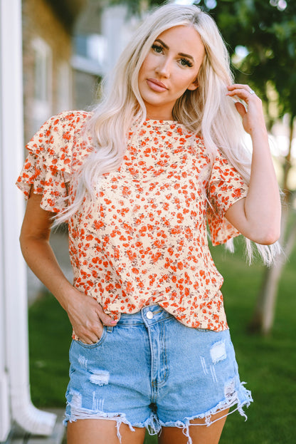 Orange Floral Tiered Flutter Sleeve Blouse - LA Grand