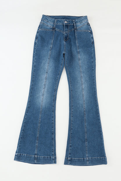 Blue High Waist Seam Stitching Pocket Flare Jeans - LA Grand