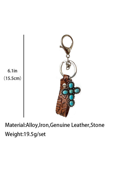 Brown Vintage Embossed Turquoise Leather Key Chain - LA Grand