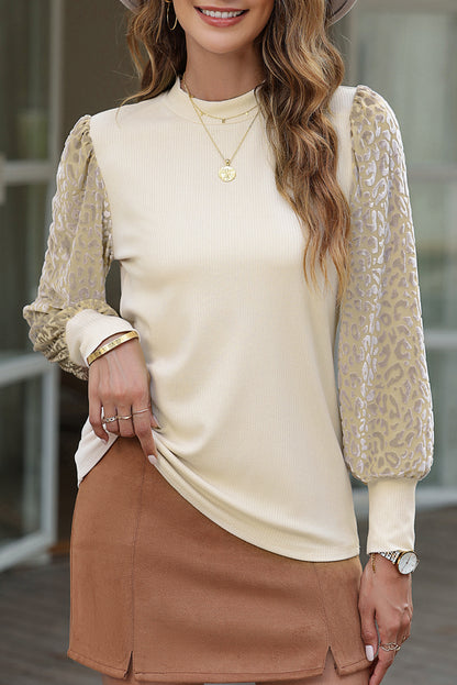 Apricot Leopard Print Long Sleeve Ribbed Knit Blouse - LA Grand