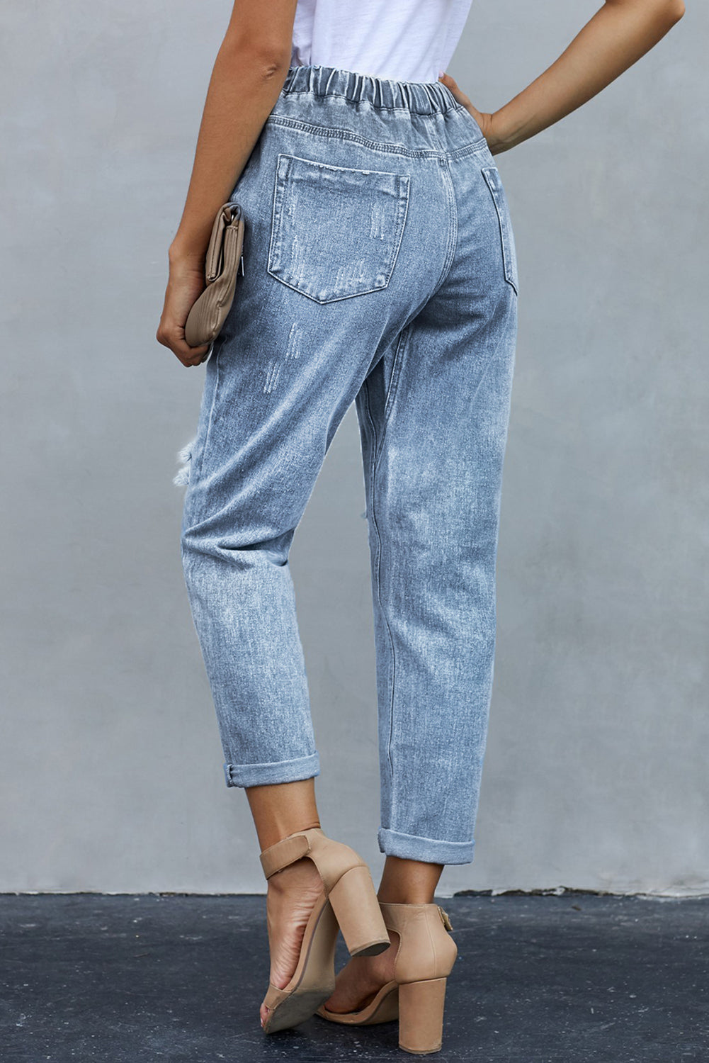 Sky Blue Gather Round Distressed Pocketed Denim Jogger - LA Grand