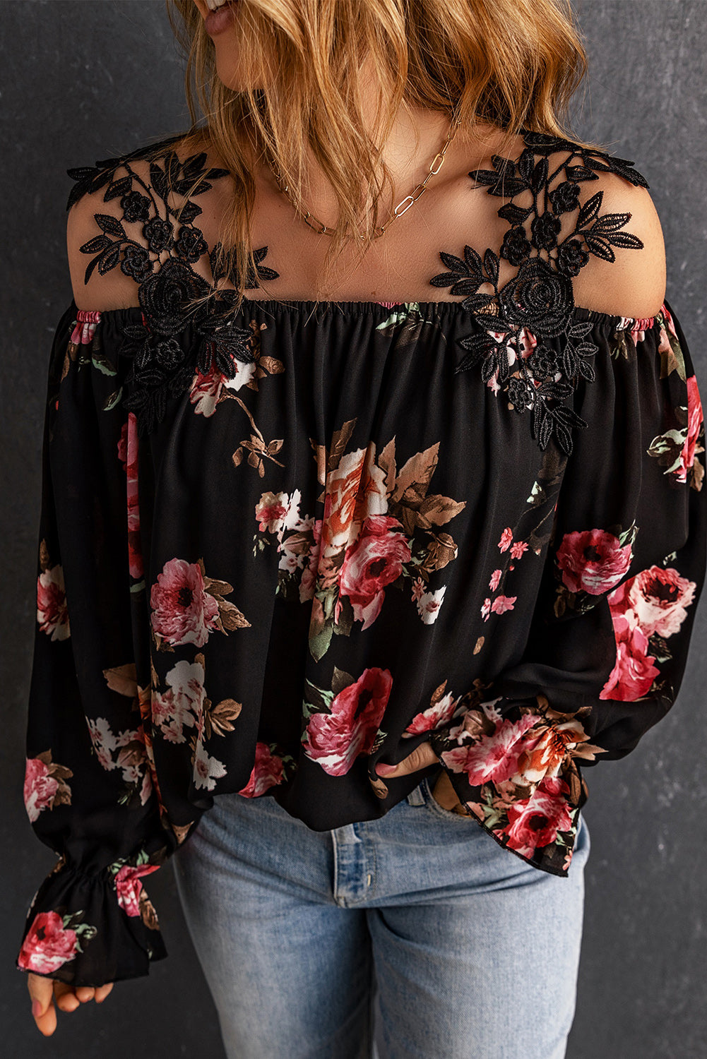 Black Floral Print Lace Patchwork Loose Cold Shoulder Blouse - LA Grand