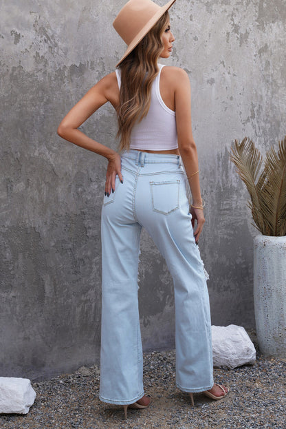 Sky Blue Washed Ripped Knee Wide Legs Jeans - LA Grand