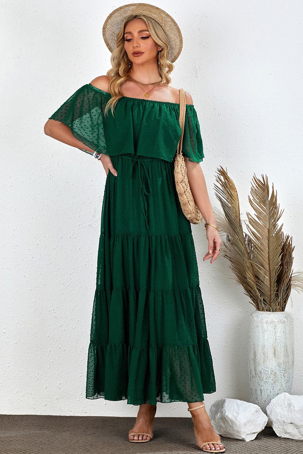 Verde Sunshine Off-Shoulder Swiss Dot Maxi Dress - LA Grand