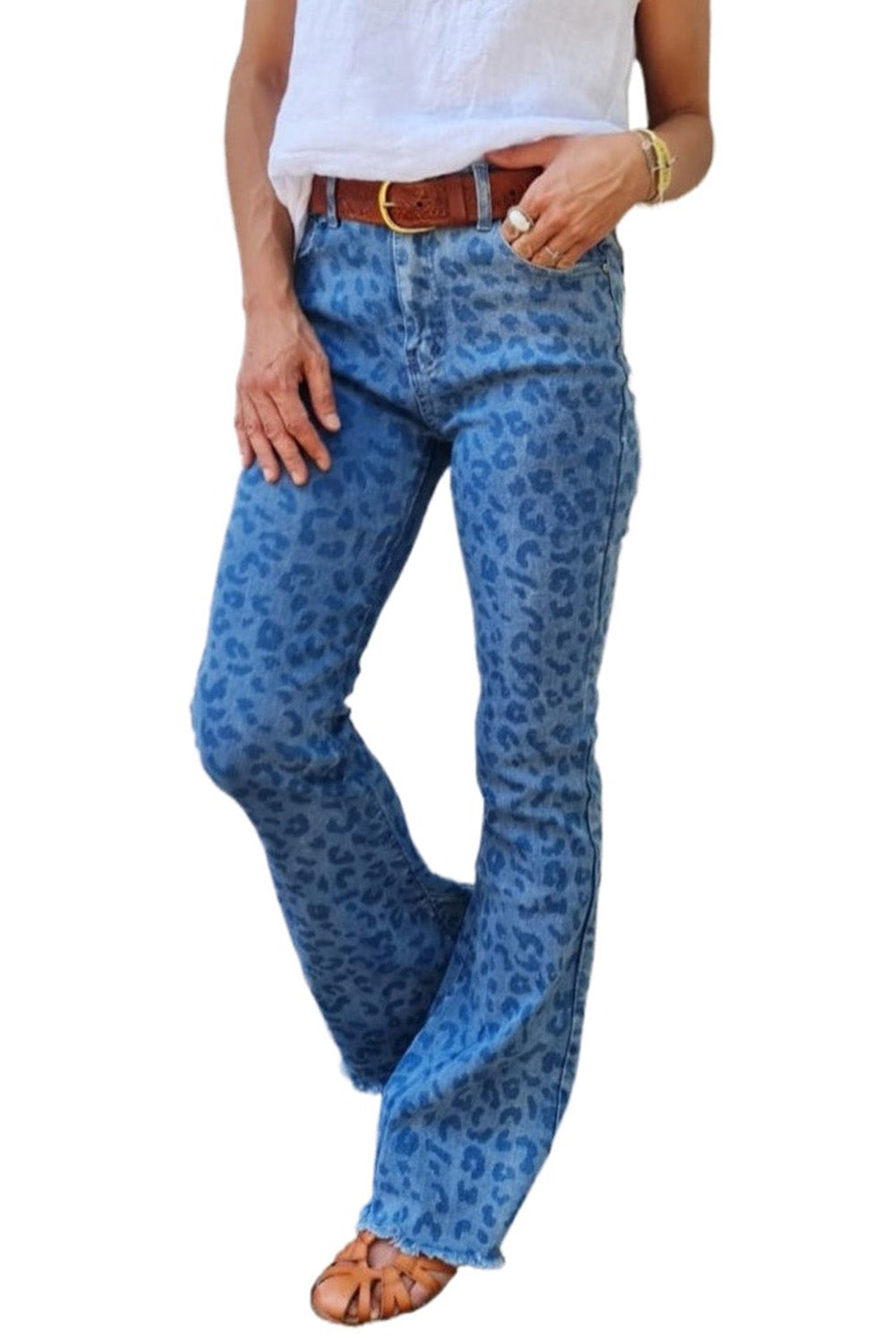 Sky Blue Leopard Print Raw Hem High Waist Flare Jeans - LA Grand