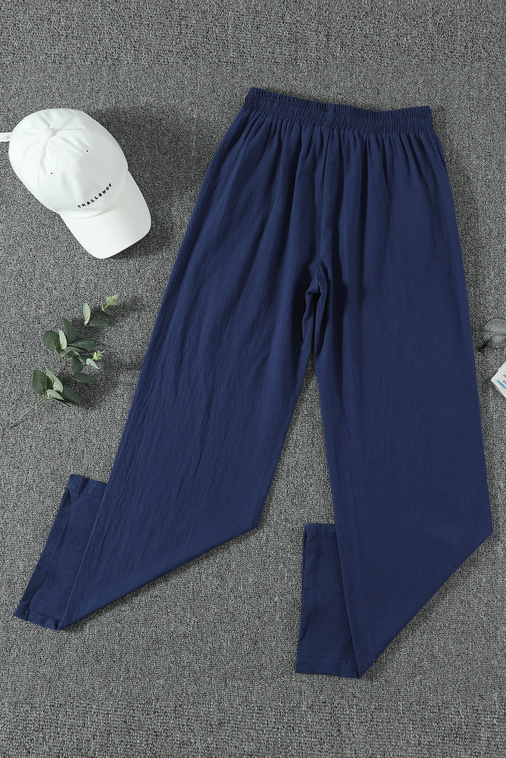 Blue Drawstring Elastic Waist Pockets Long Straight Legs Pants - LA Grand