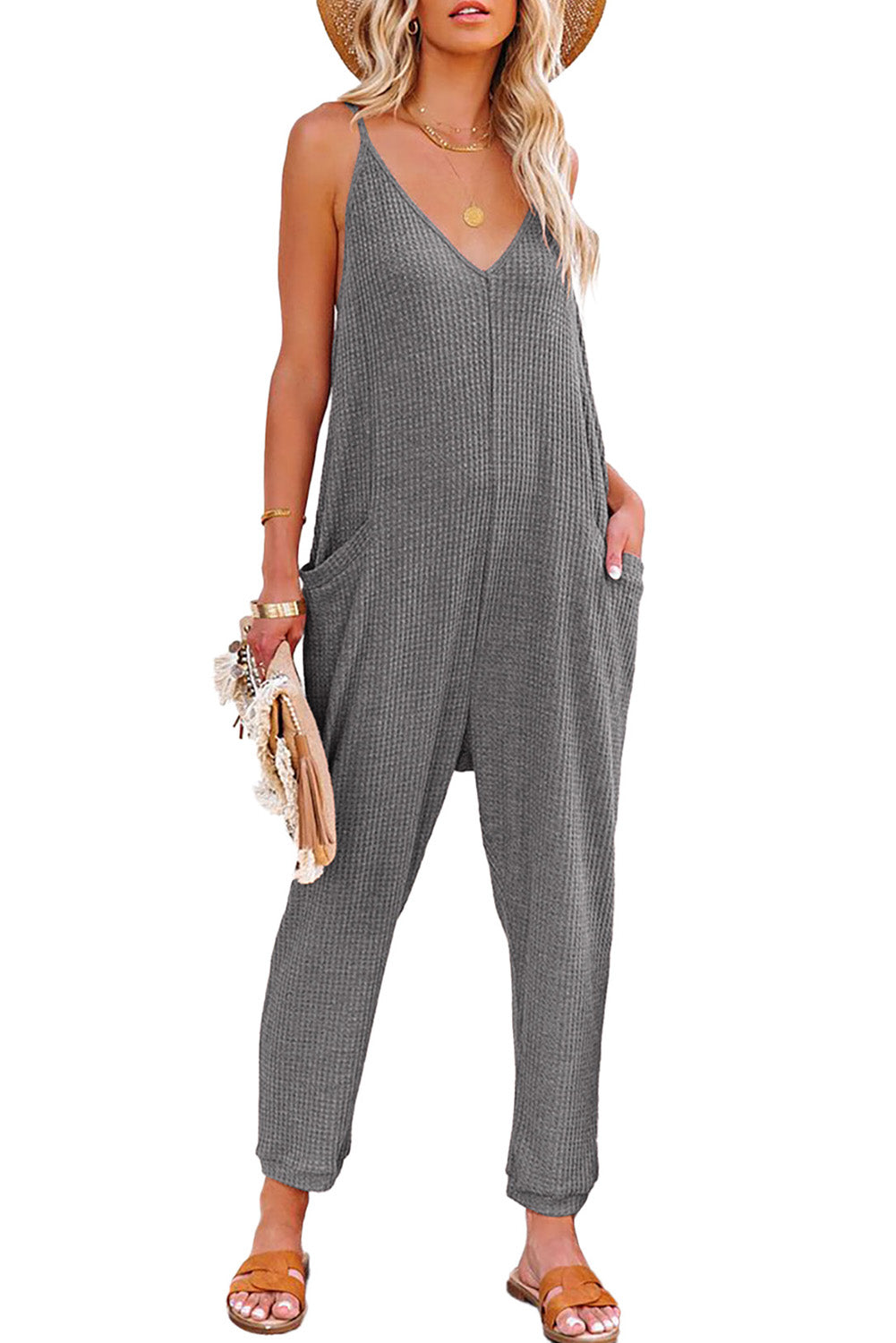 Blue Textured Sleeveless V-Neck Pocketed Casual Jumpsuit - LA Grand