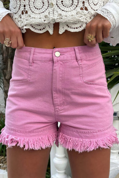 Pink Frayed Edge Mid Rise Denim Shorts - LA Grand