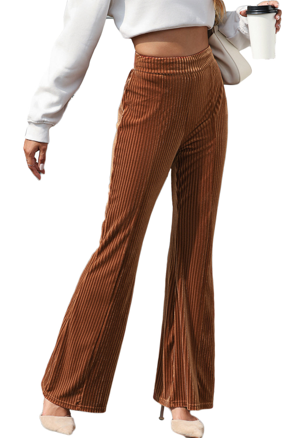 Chestnut Solid Color High Waist Flare Corduroy Pants - LA Grand