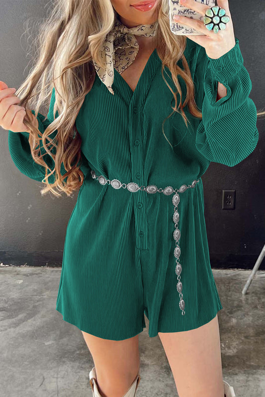 Sea Green Ribbed Long Sleeve Button Front Romper - LA Grand